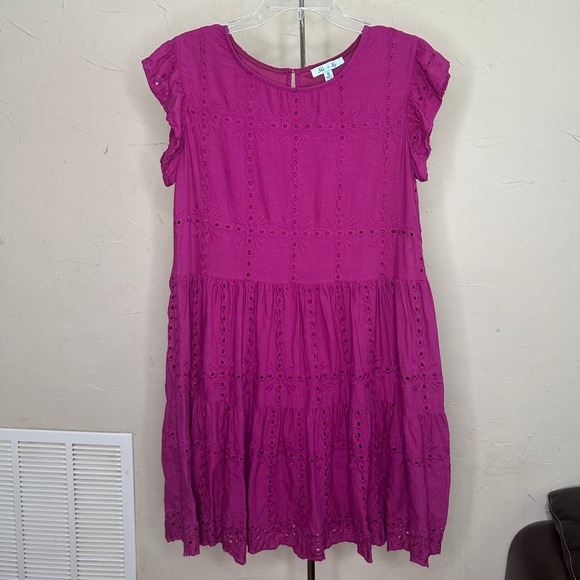 She + Sky Dresses & Skirts - She + Sky Magenta Purple Eyelet Tiered Mini Dress Flutter Sleeve Small